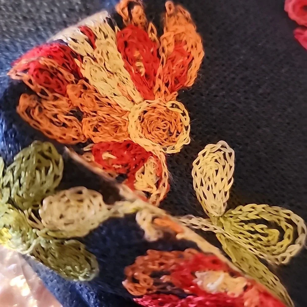 New Unbranded Navy Blue Embroidered Floral Fringe Shawl Wrap Scarf